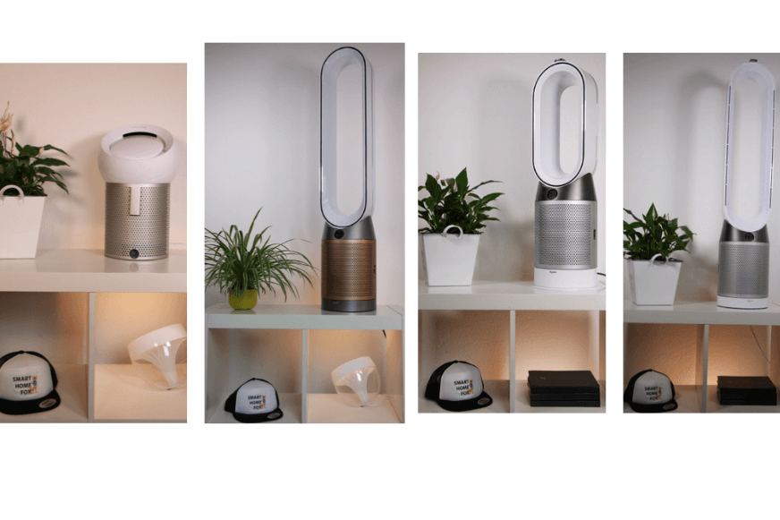 Три вентилятора и воздухоочистителя Dyson на полке рядом друг с другом